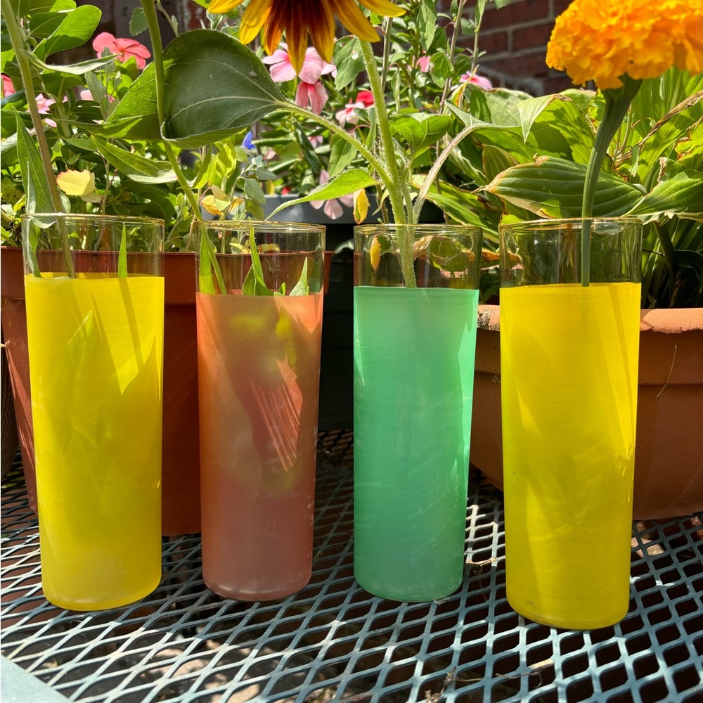 Vintage Fire King Cocktail/Highball Glasses Green/Yellow/Orange/Red Transferware